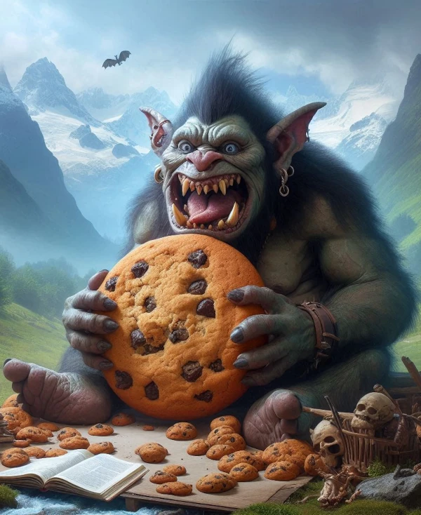 Troll eating cookie on mountainside.